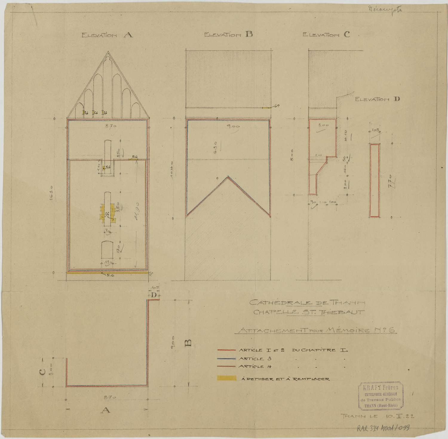 Projet de restauration de la chapelle Saint-Thiébaut, plan, élévation et coupes.