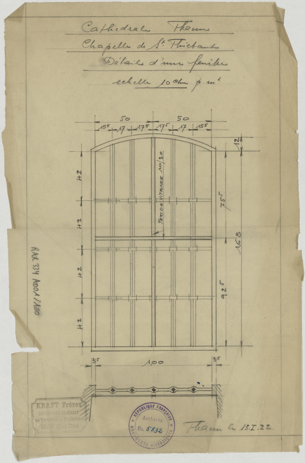 Chapelle Saint-Thiébaut, plan et élévation d’une baie.