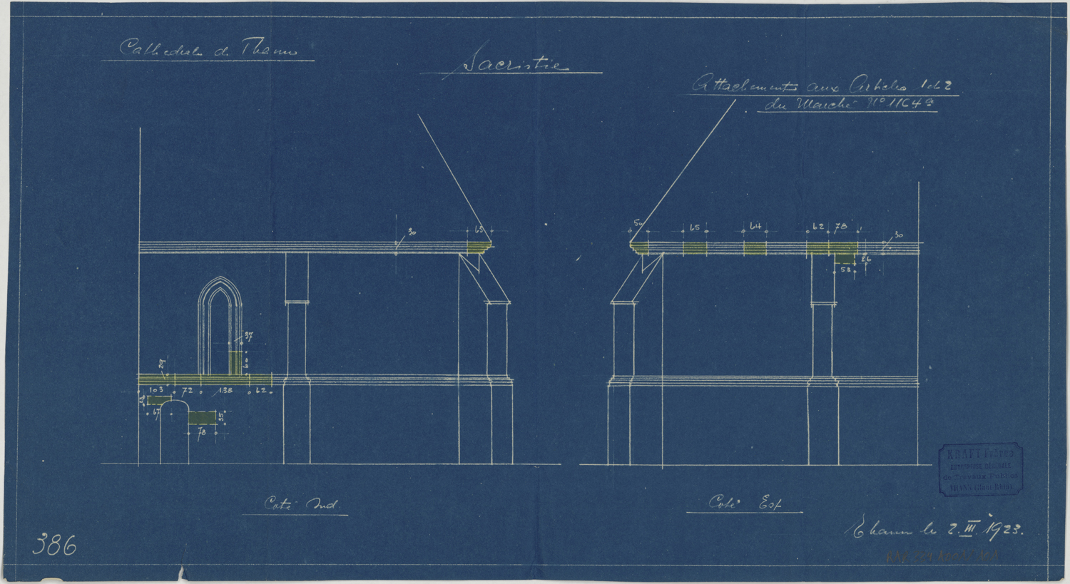 Projet de restauration de la sacristie, élévations sud et est.