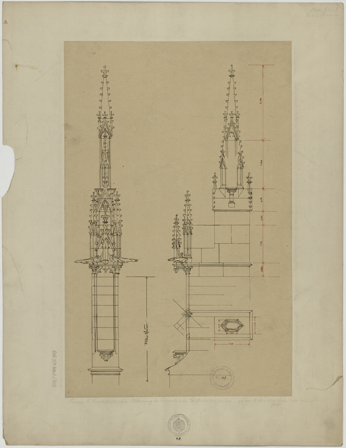 Plan et élévations d’un pinacle sur la façade sud.