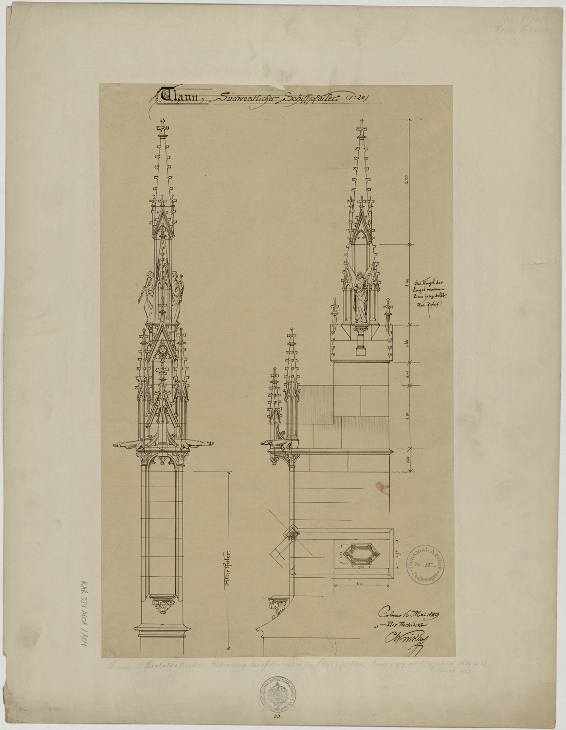 Plan et élévations d’un pinacle sur la façade sud.