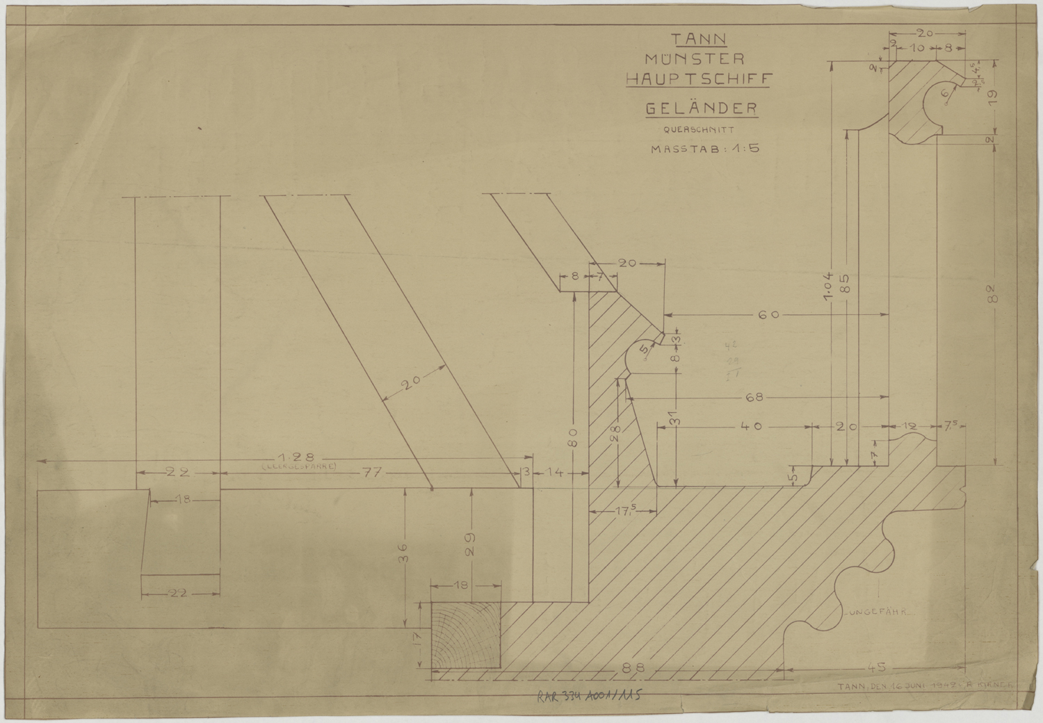 Plan et profil d’un élément de charpente.