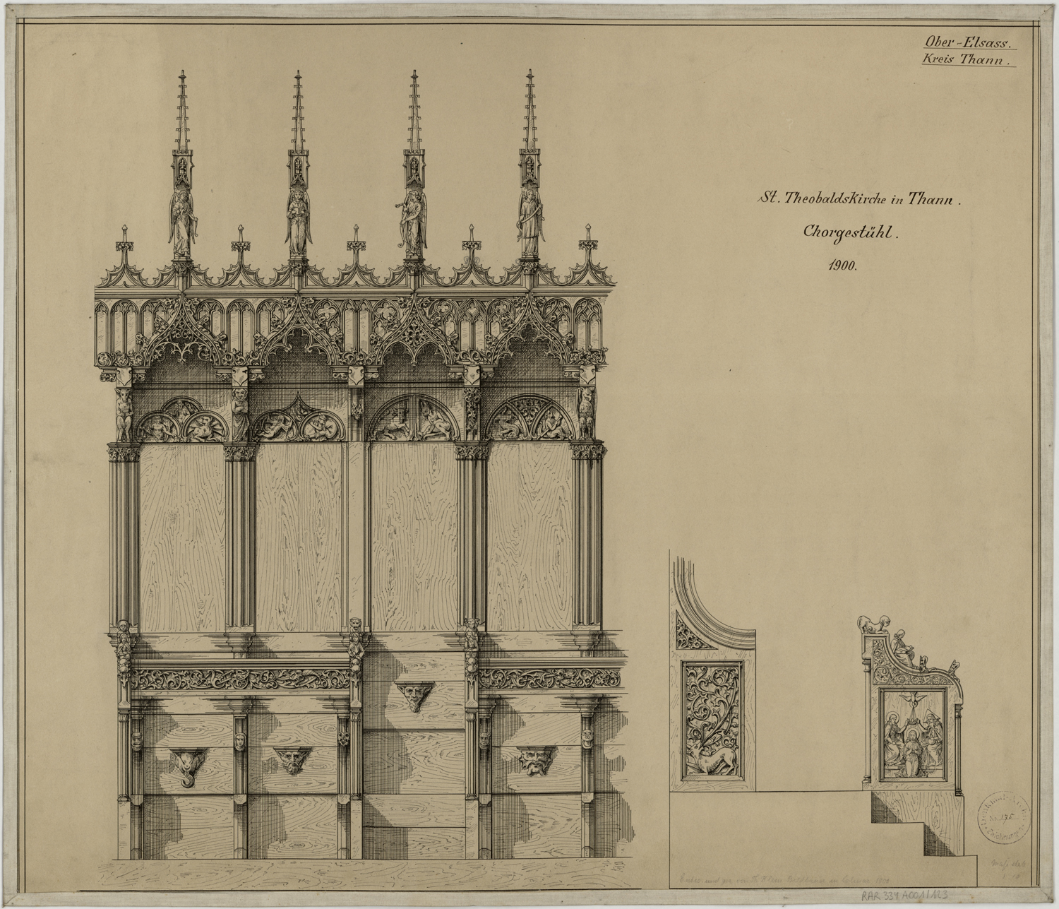 Elévations principale et latérale d’une stalle.