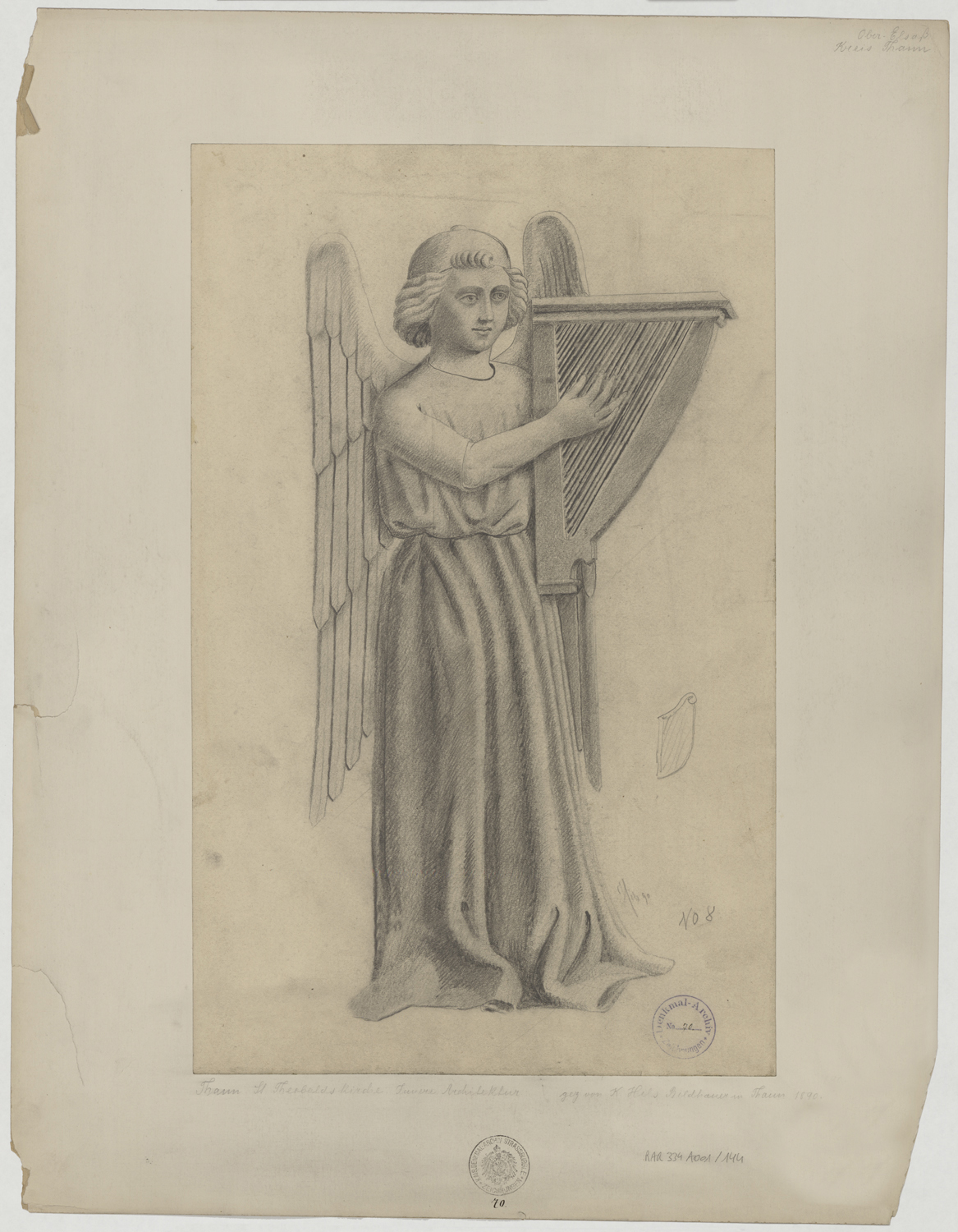 Décor intérieur, élévation d’un ange musicien à la harpe.