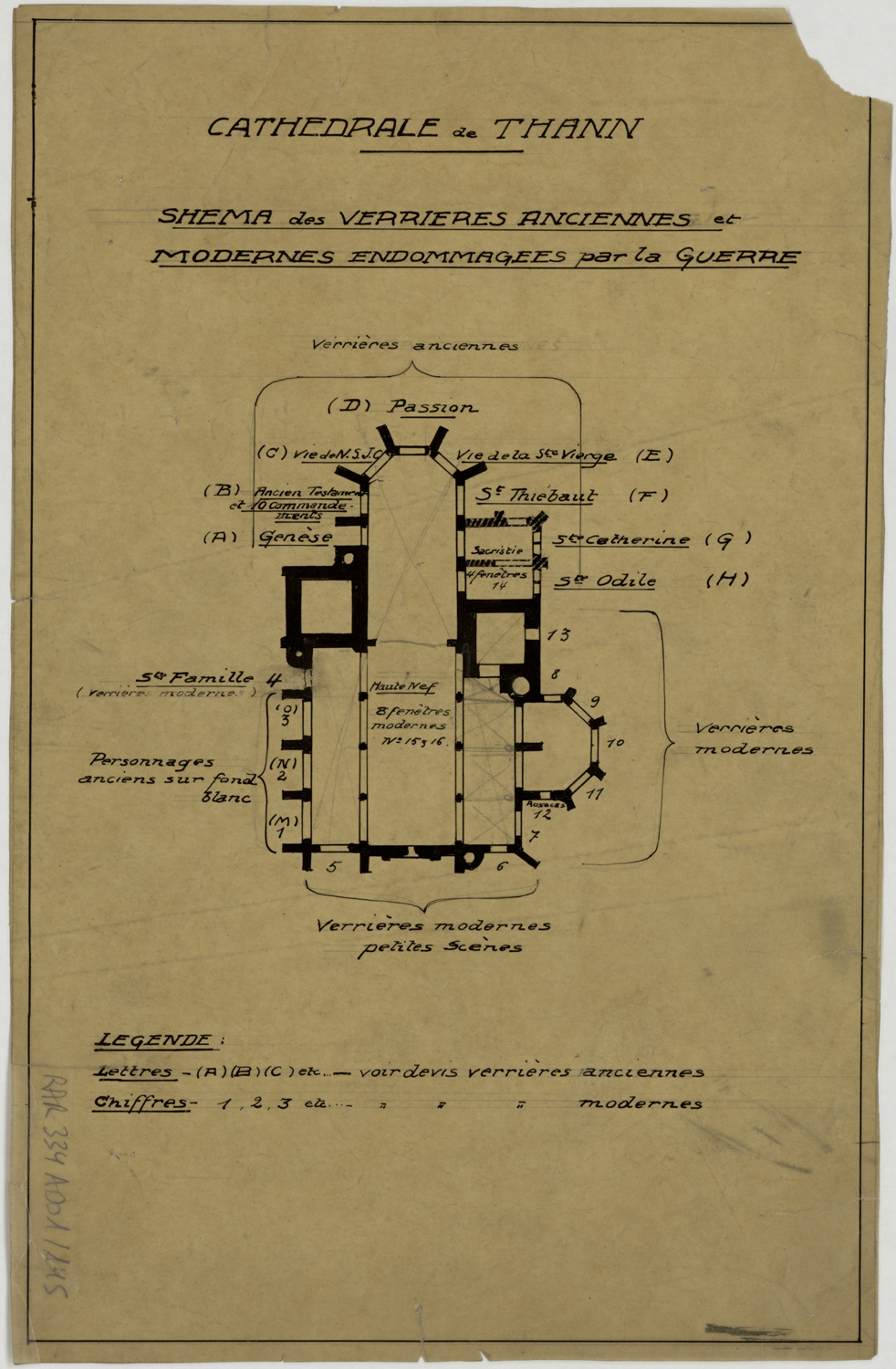 Dommages de guerre, plan d’implantation des verrières anciennes et modernes.