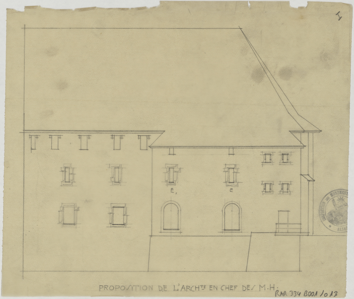 Projet de restauration, élévation de la façade nord.