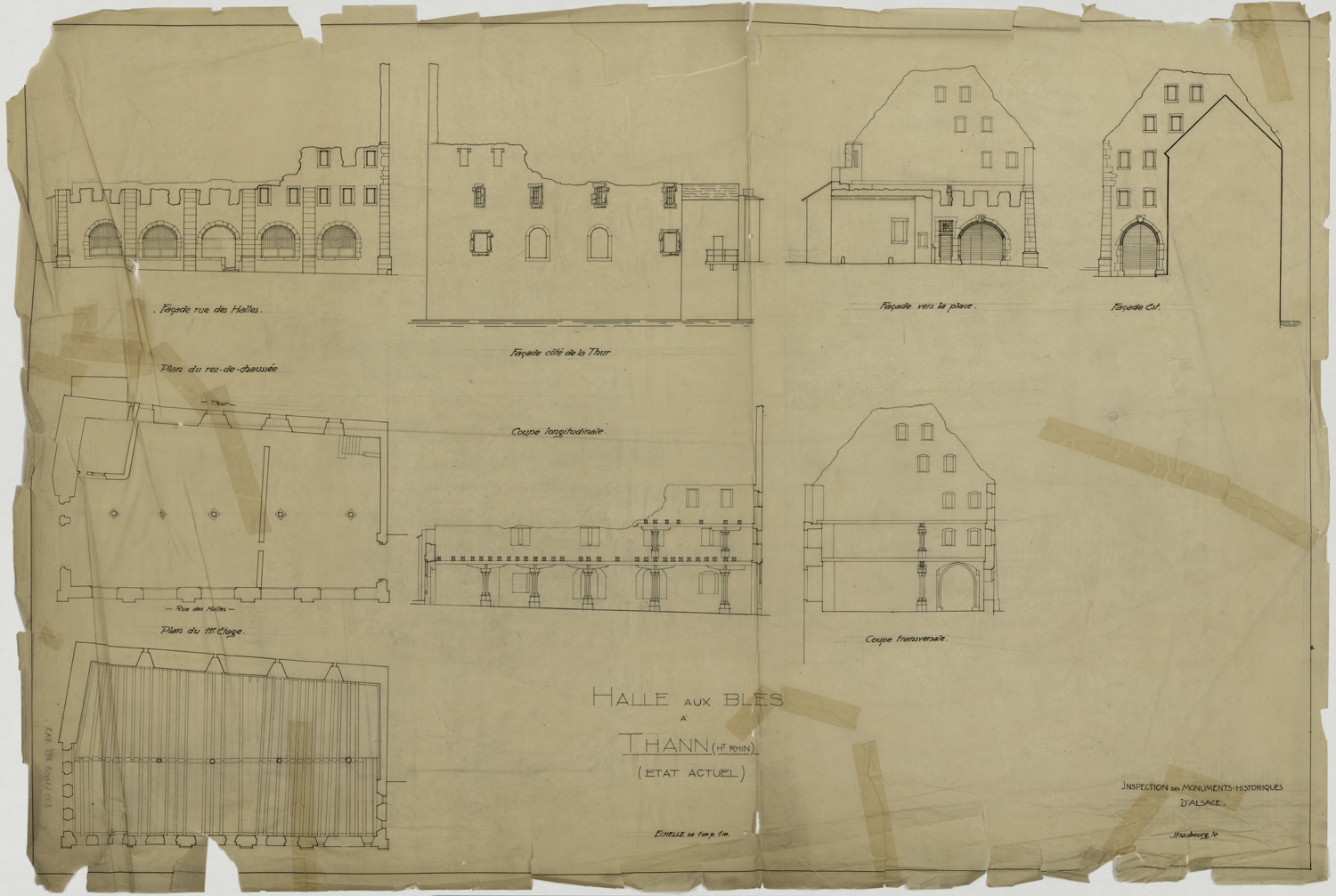 Dommages de guerre, plans de masse par niveau, élévations des façades, coupes longitudinale et transversale.