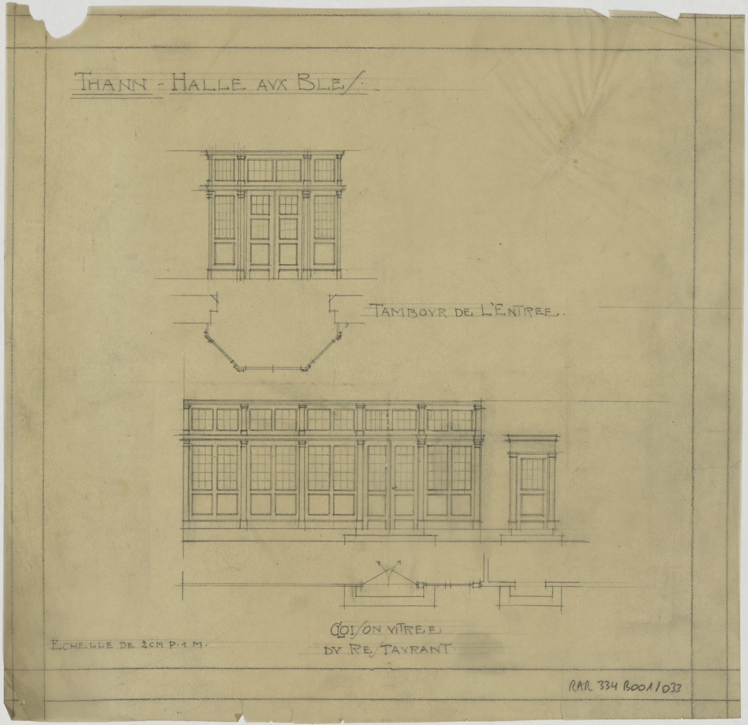 Projet d’aménagement d’un restauration, plans et élévations du tambour de l’entrée et d’une cloison vitrée.