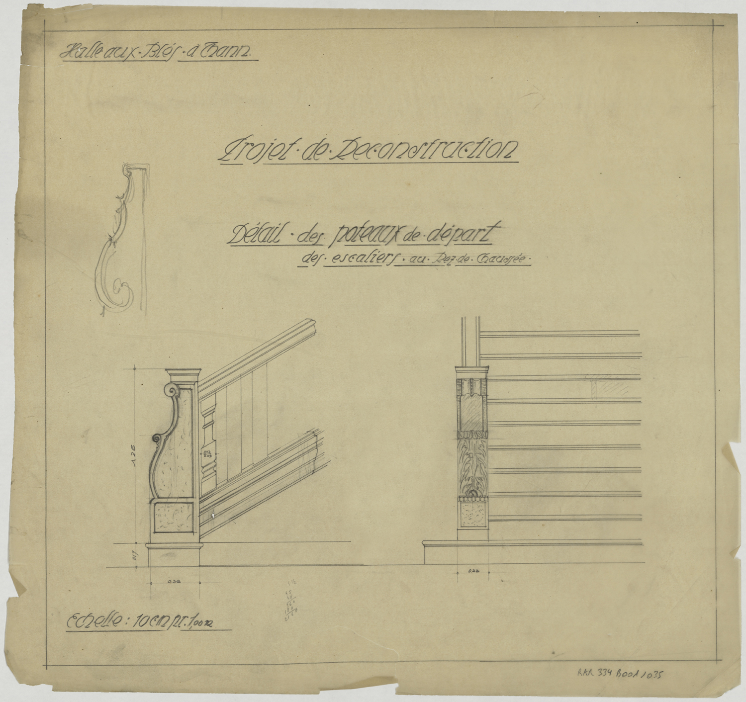Projet de reconstruction, détails des poteaux de départ des escaliers au rez-de-chaussée.