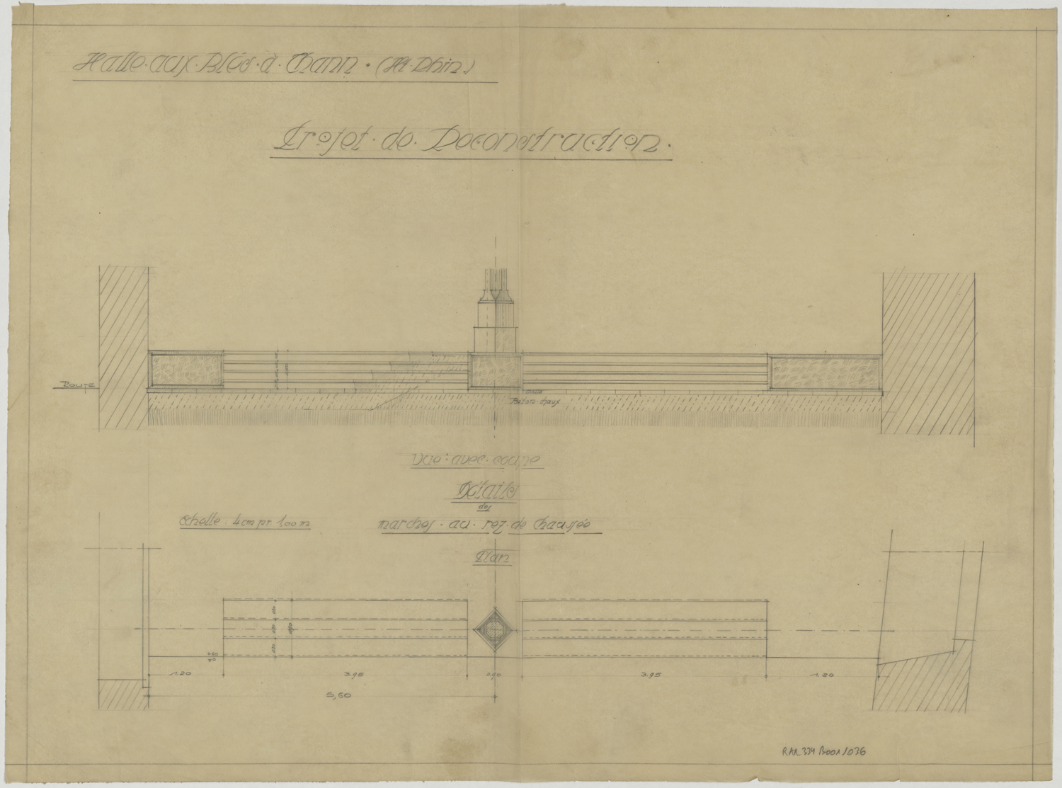 Projet de reconstruction, élévation et coupe des marches du rez-de-chaussée.