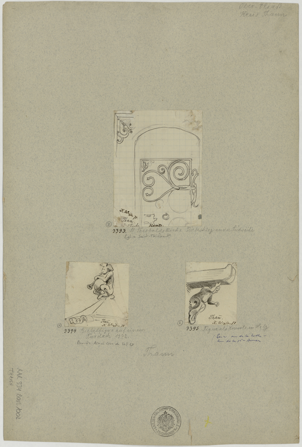 Relevés de corbeaux sculptés et vue d’une grille de la collégiale Saint-Thiébaut.