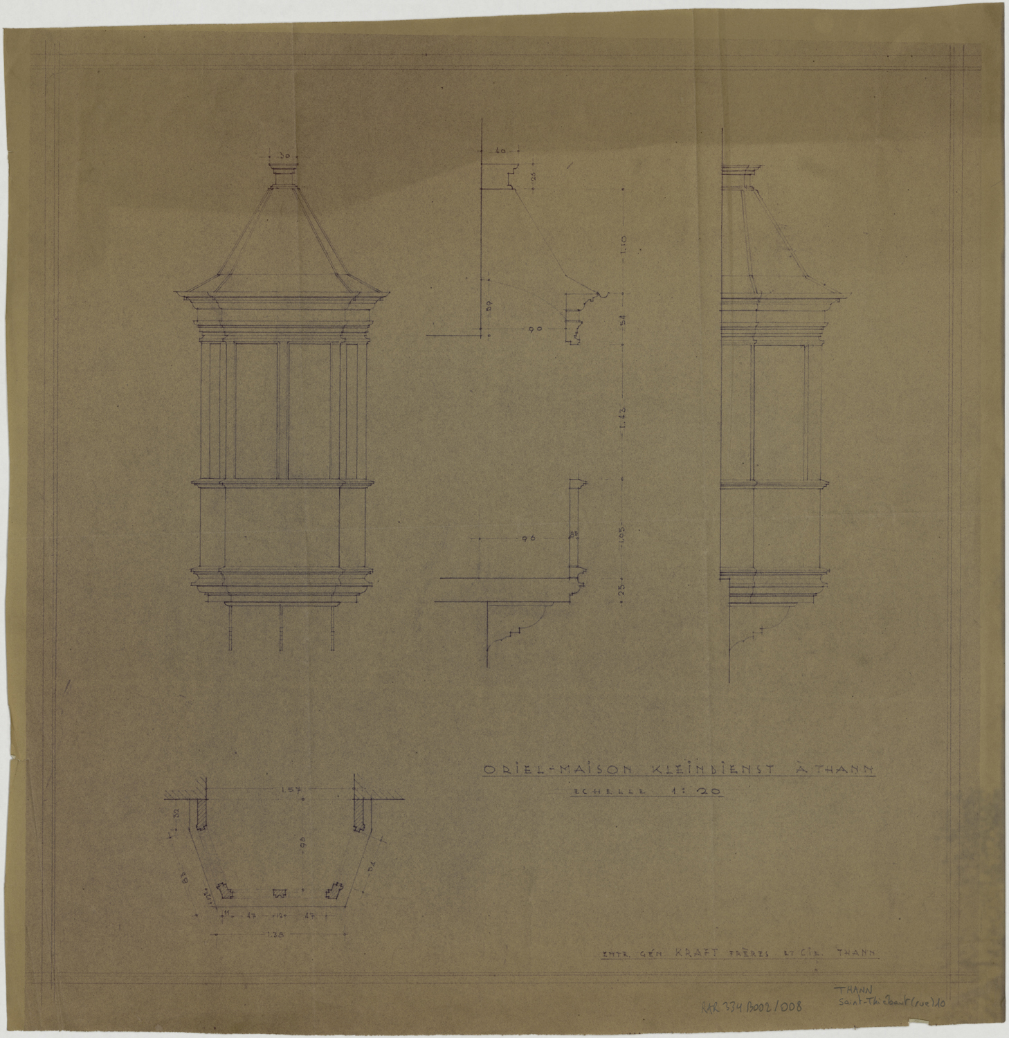 Oriel, plan de masse, élévations principale et latérale, coupe.