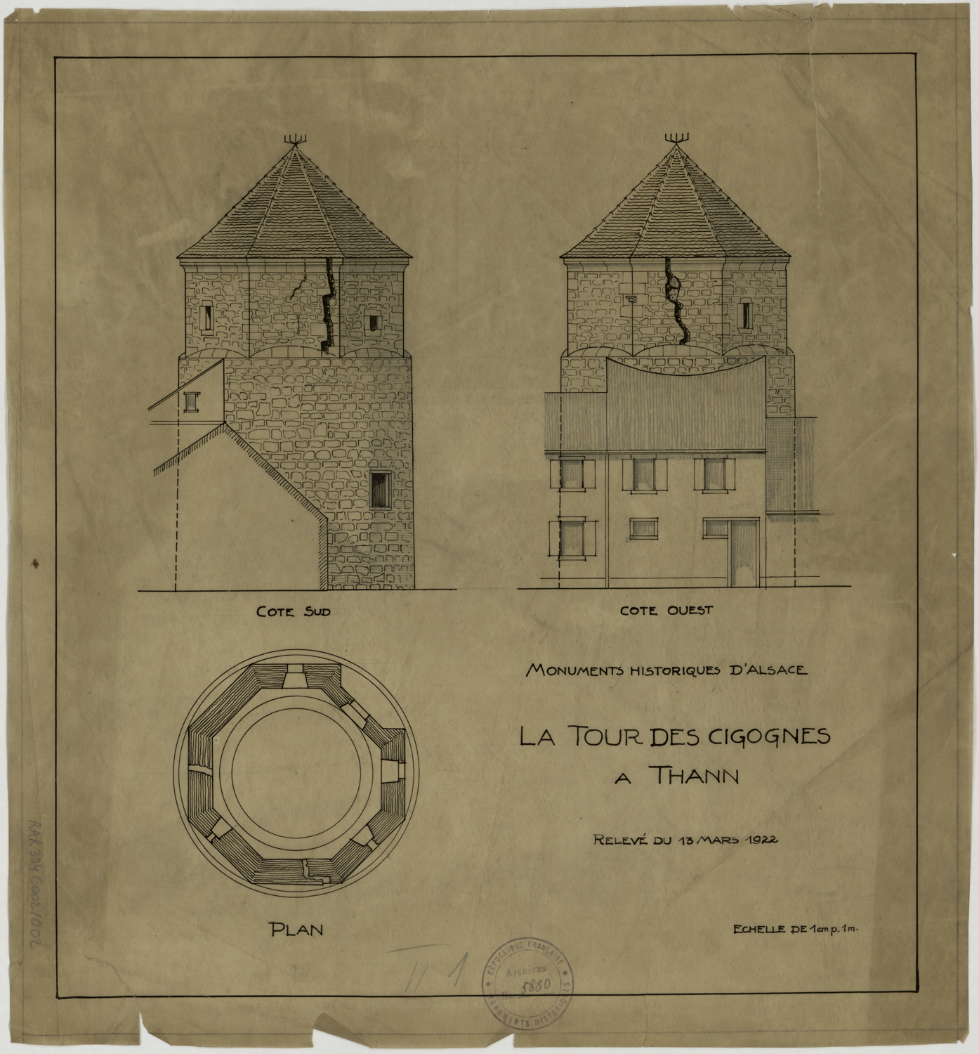 Tour des cigognes, plan de masse et élévations des façades sud et ouest.