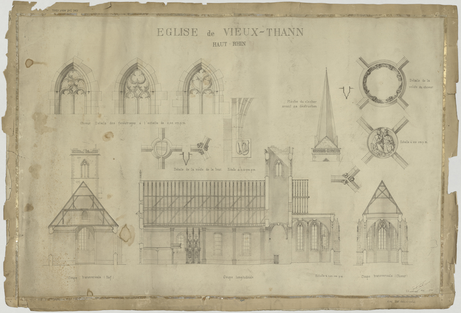 Dommages de guerre, coupes longitudinale et transversales sur la nef et sur le choeur, relevés de baies et de clés de voûte.