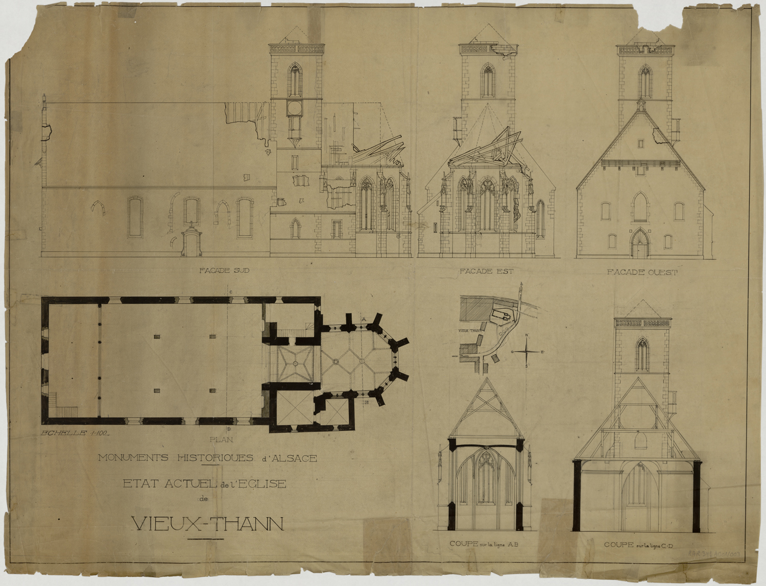 Dommages de guerre, plan de masse, élévations des façades ouest, est et sud, et coupes sur la nef et le choeur.