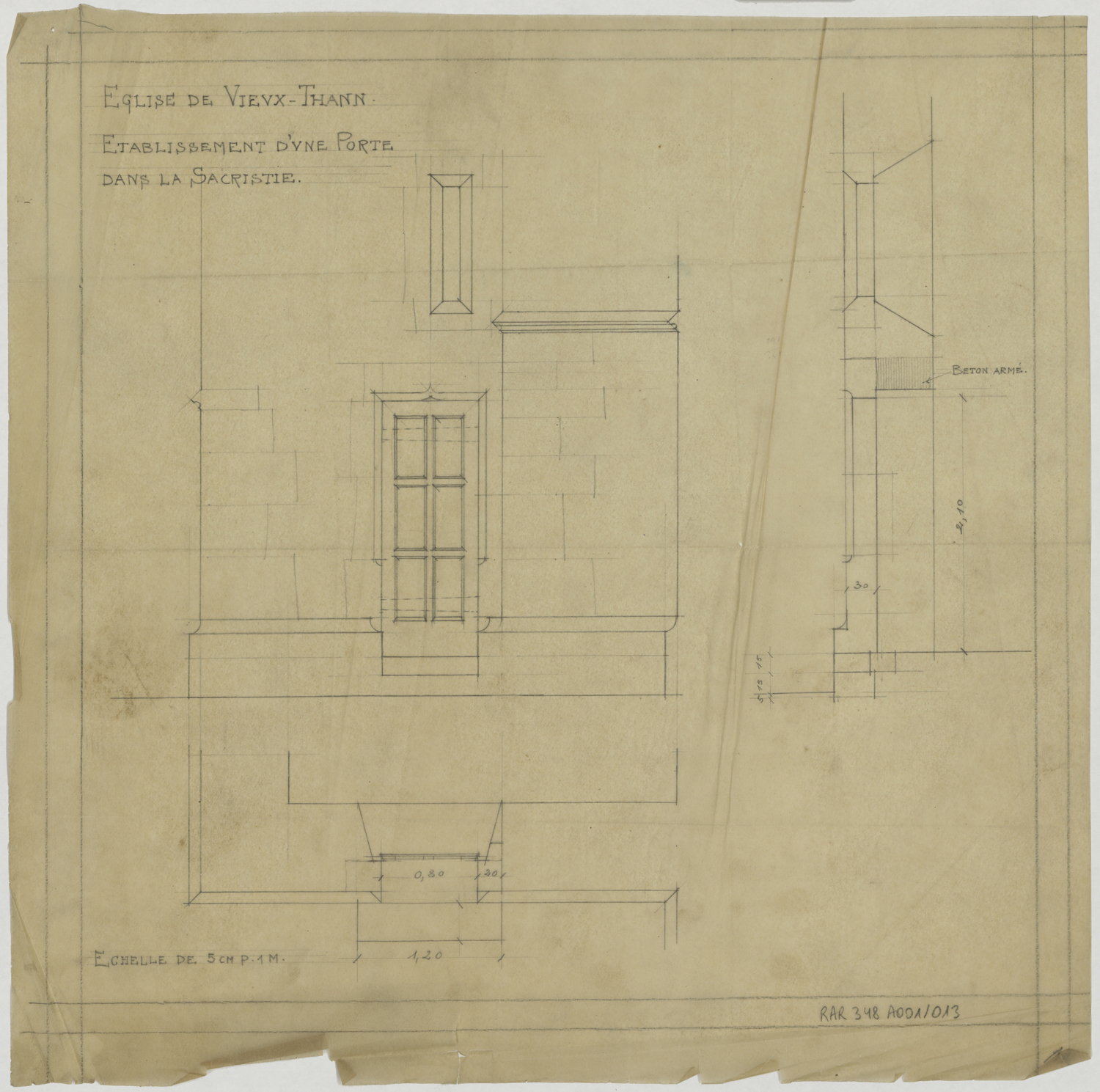 Plan, élévation et coupe de la nouvelle porte de la sacristie.