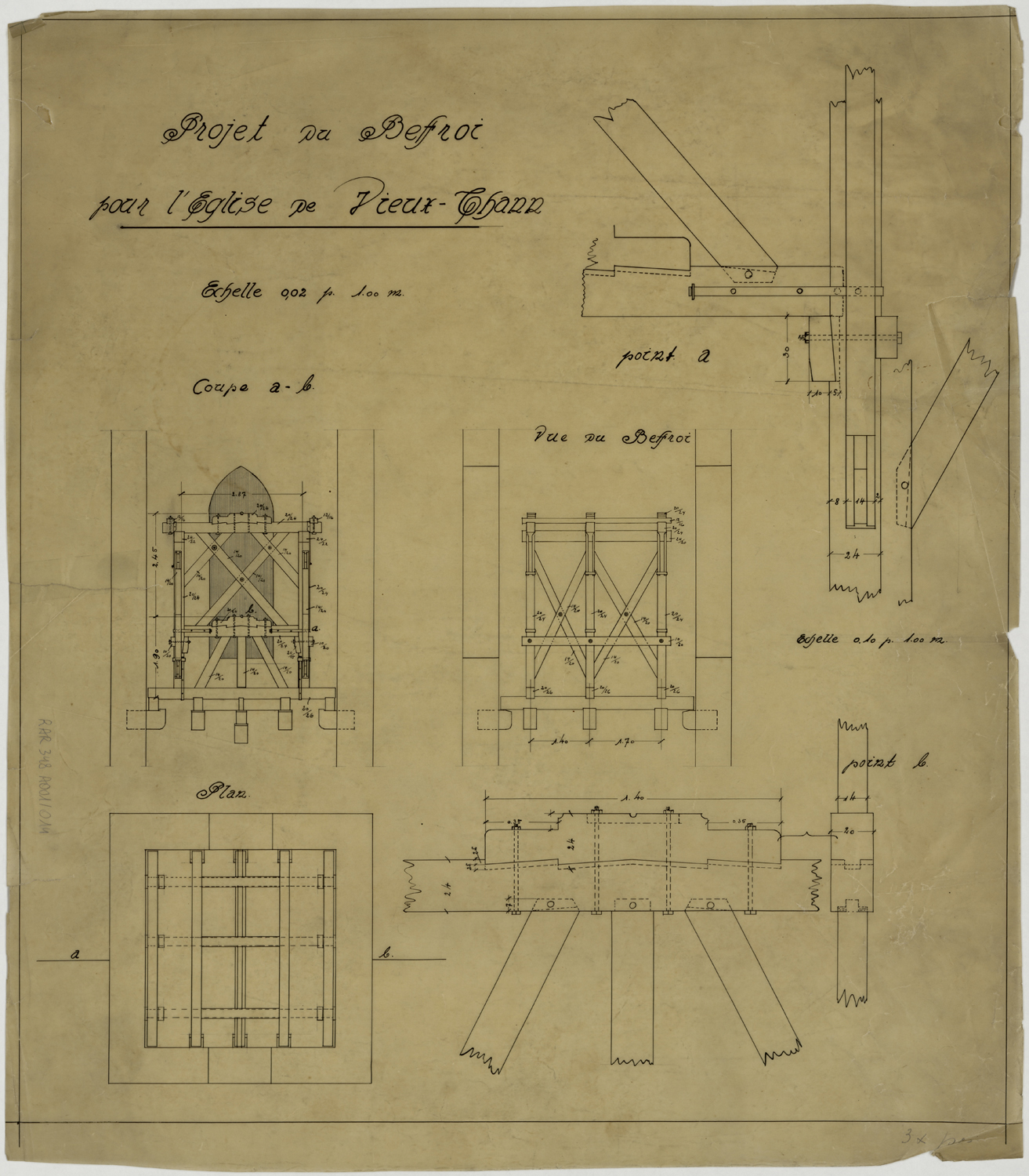Projet de beffroi, plan, élévation et coupe.