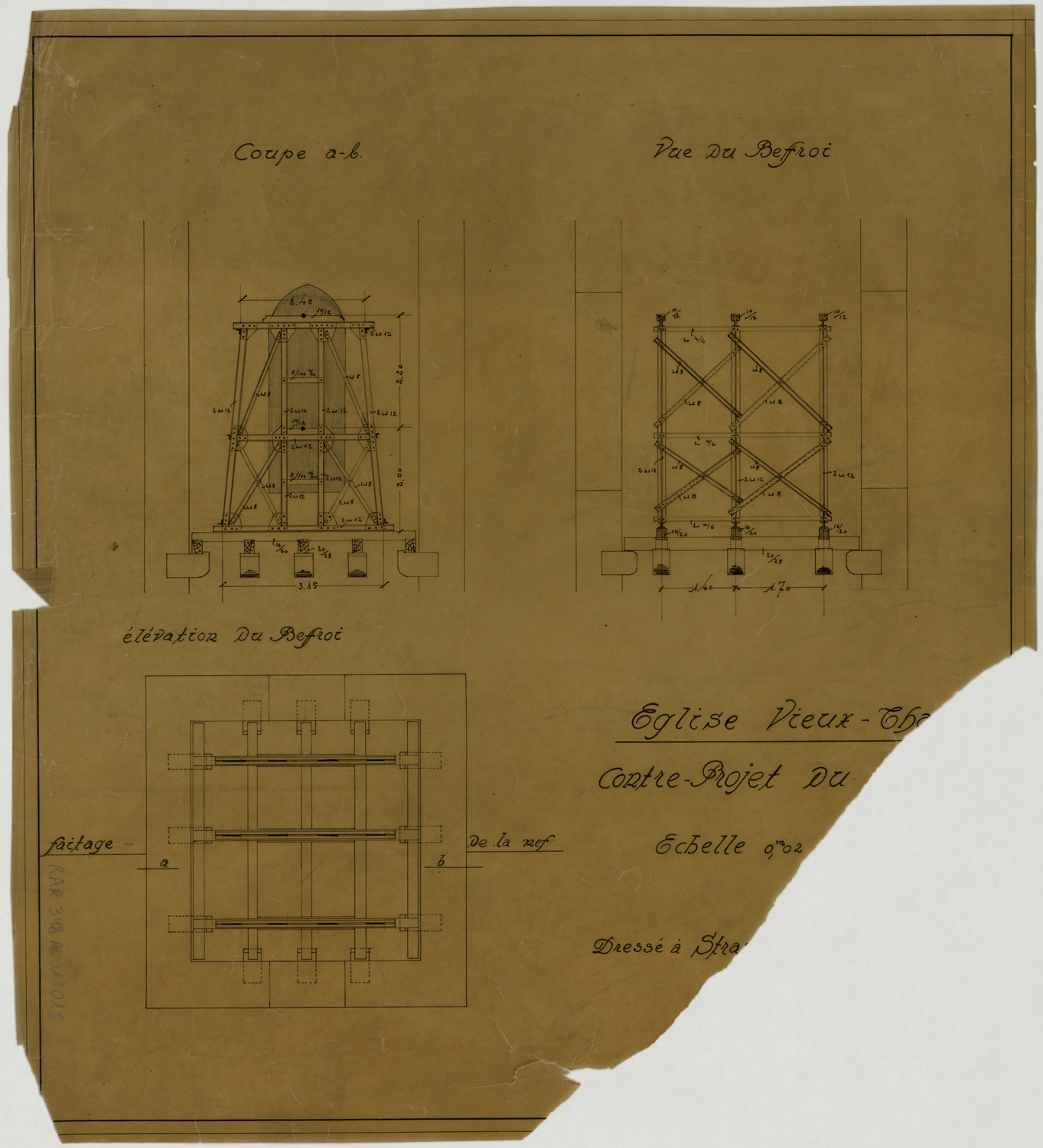 Projet de beffroi, plan, élévation et coupe.