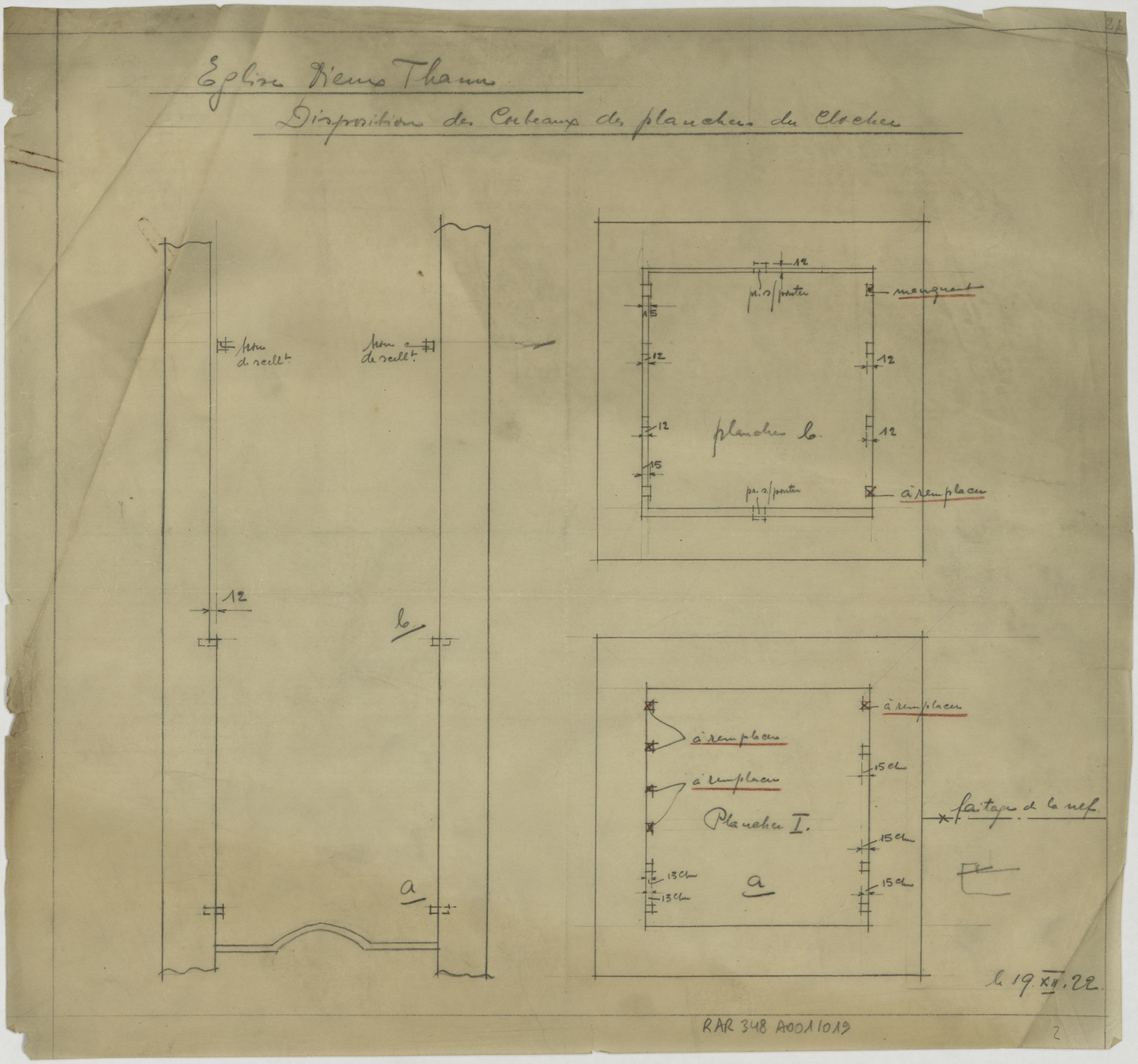 Clocher, plans de disposition des corbeaux du plancher.