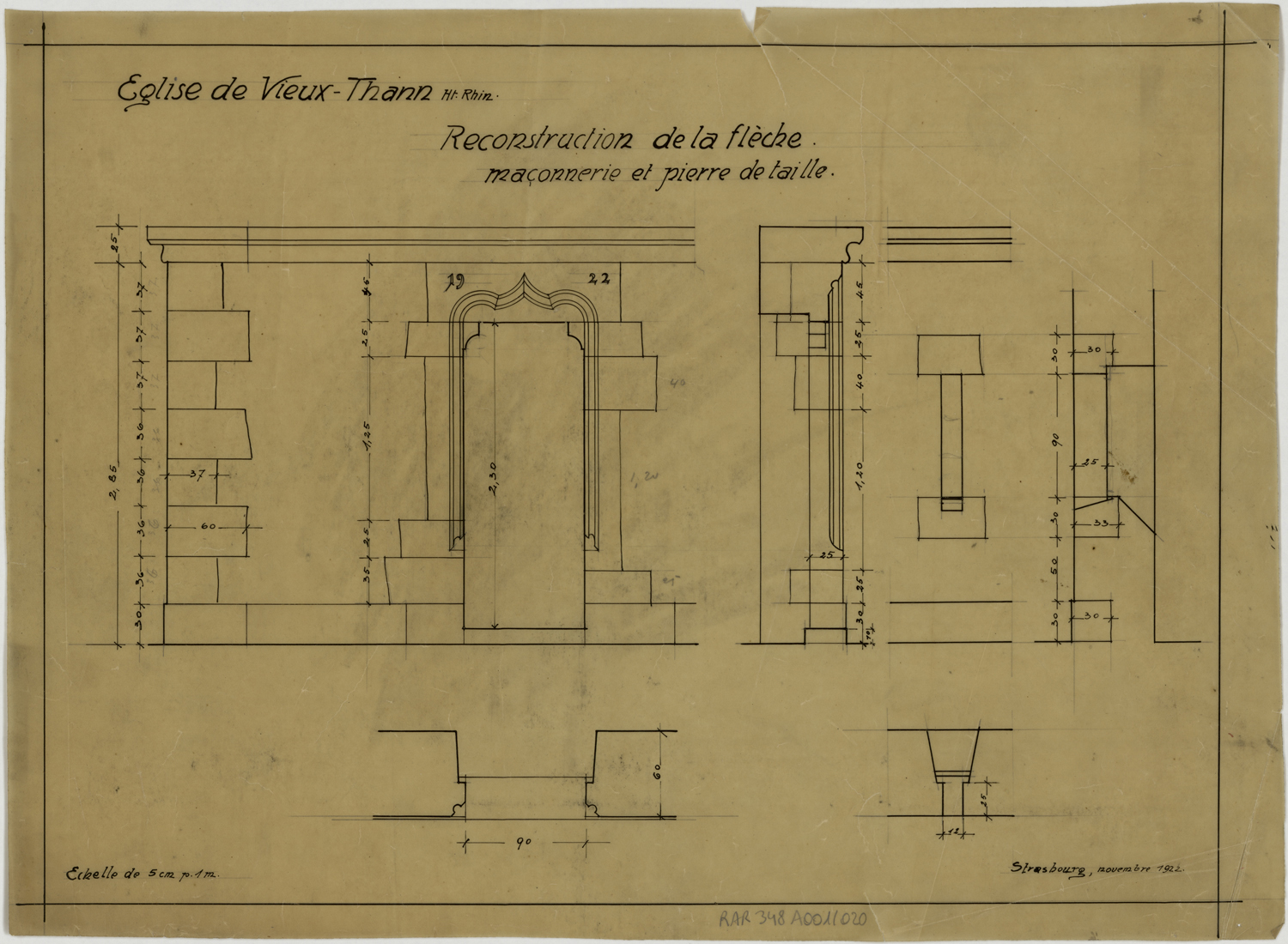 Reconstruction de la flèche, plans de masse et élévations.