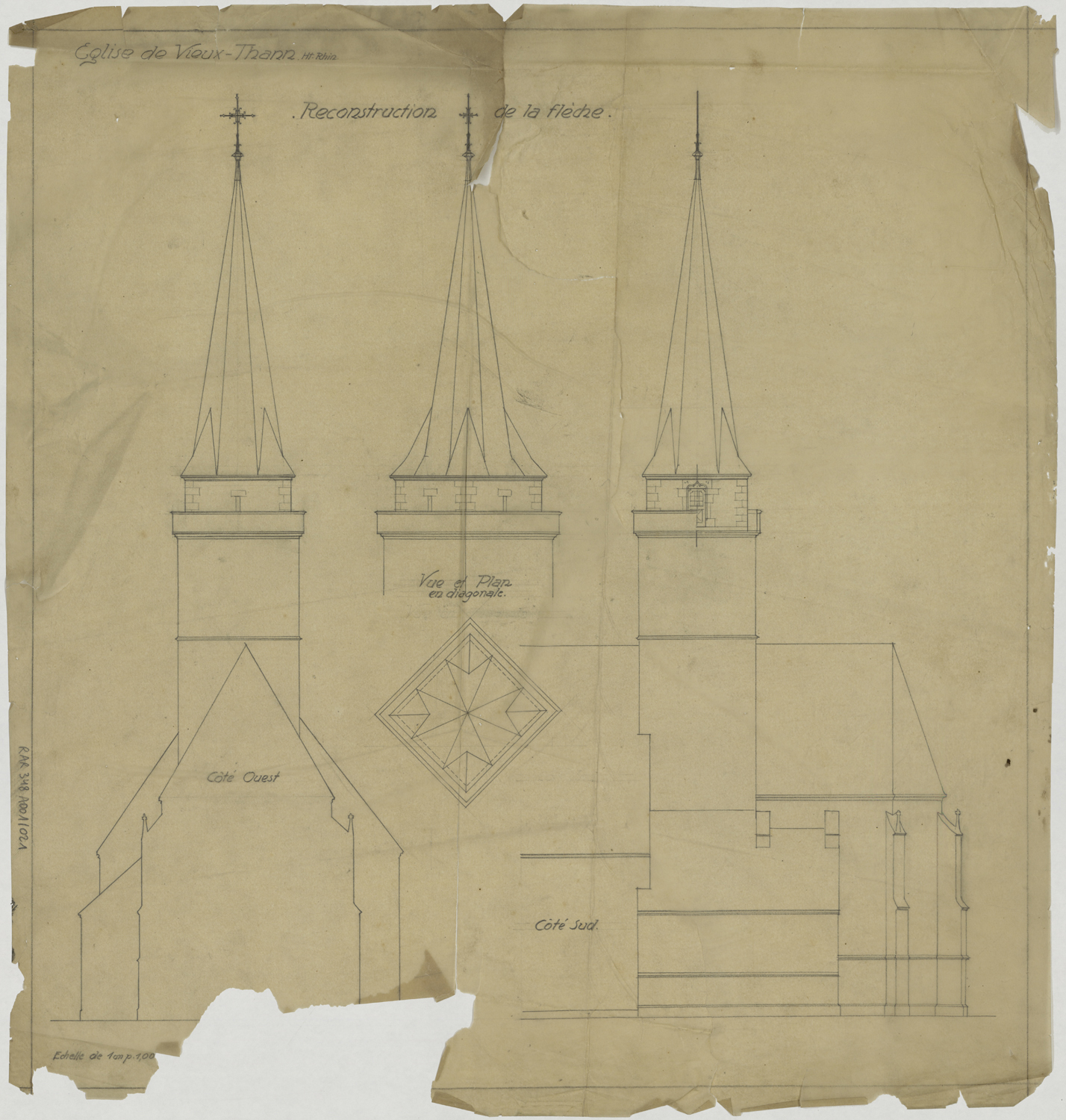 Reconstruction de la flèche, élévations des façades ouest et sud.