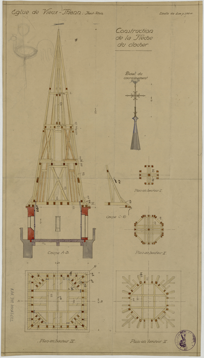 Construction de la flèche du clocher, plans, coupe sur charpente et détails.