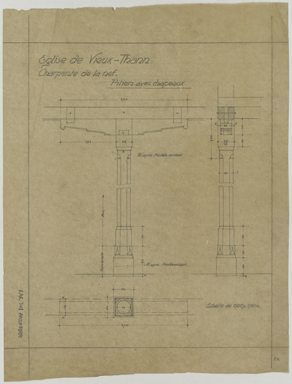 Charpente de la nef, plan de masse, élévation et coupe des piliers à chapeaux.