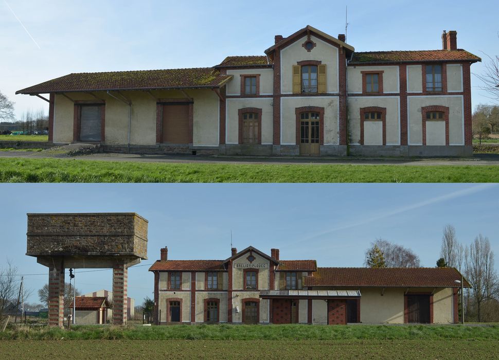 Gare ferroviaire de Brélidy-Plouëc : Façade est (en haut) et façade ouest donnant sur les quais (en bas), avec réservoir d?eau