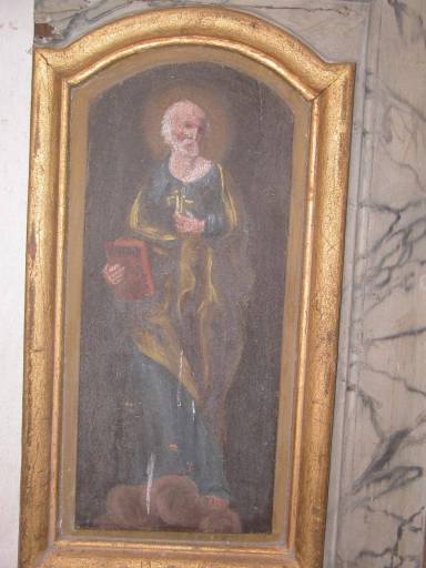 Détail du panneau peint à gauche : saint Pierre apôtre. - © Monuments historiques ; © Conseil Général de la Creuse, CAOA