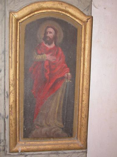 Détail du panneau peint à droite : saint Paul de Tarse. - © Monuments historiques ; © Conseil Général de la Creuse, CAOA