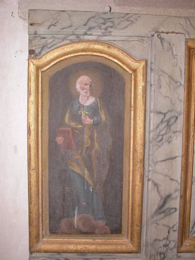 Détail du panneau peint à gauche : saint Pierre apôtre. - © Monuments historiques ; © Conseil Général de la Creuse, CAOA