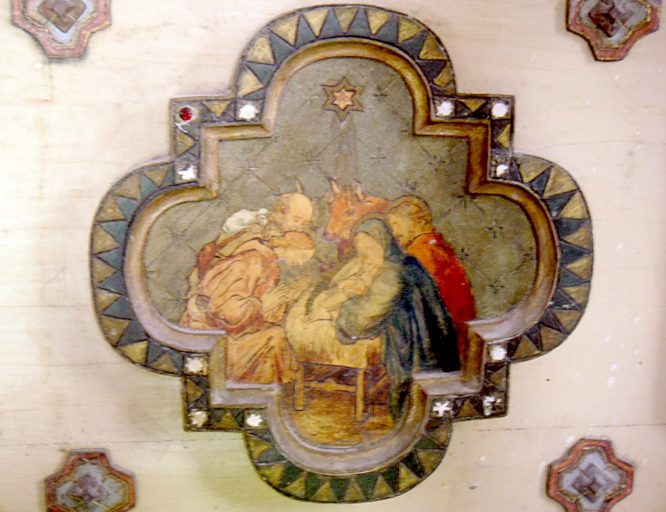 Détail du premier médaillon : l'adoration des bergers.