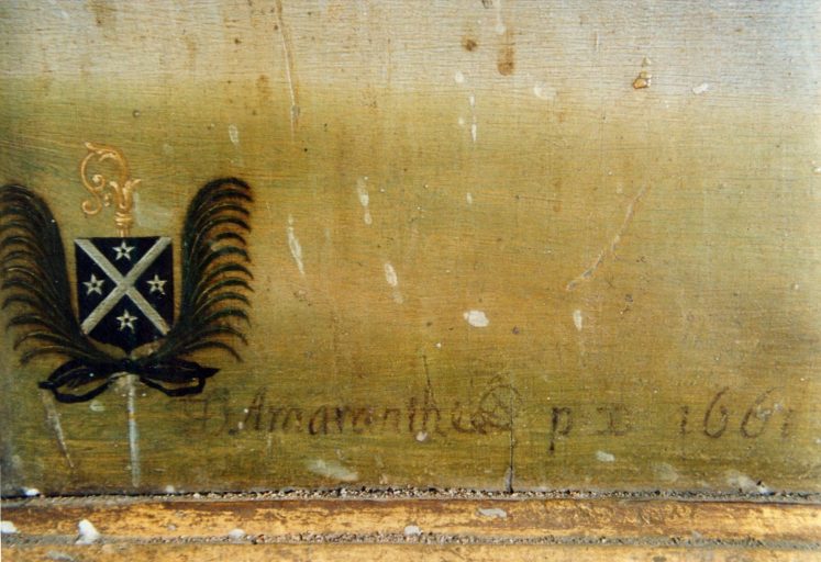 Détail des armoiries, de la signature et de la date.