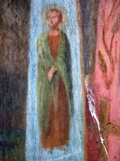 Détail du saint en manteau vert, sur l'orfroi de la chape du côté droit du saint.