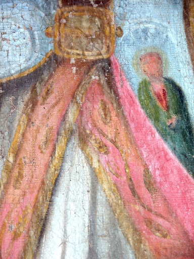 Détail du mors de la chape, et du saint en manteau vert sur l'orfroi du côté gauche du saint.