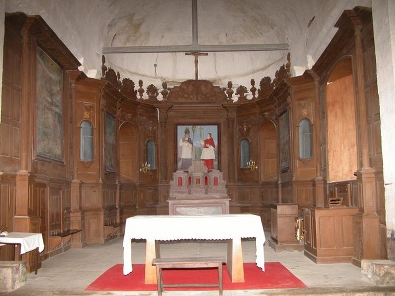 Ensemble du décor du choeur : lambris, retable, 4 tableaux et leurs cadres : la Nativité, la Rencontre d'Abraham et de Melchisédech, saint Martin (?) et le Sacrifice d'Abraham