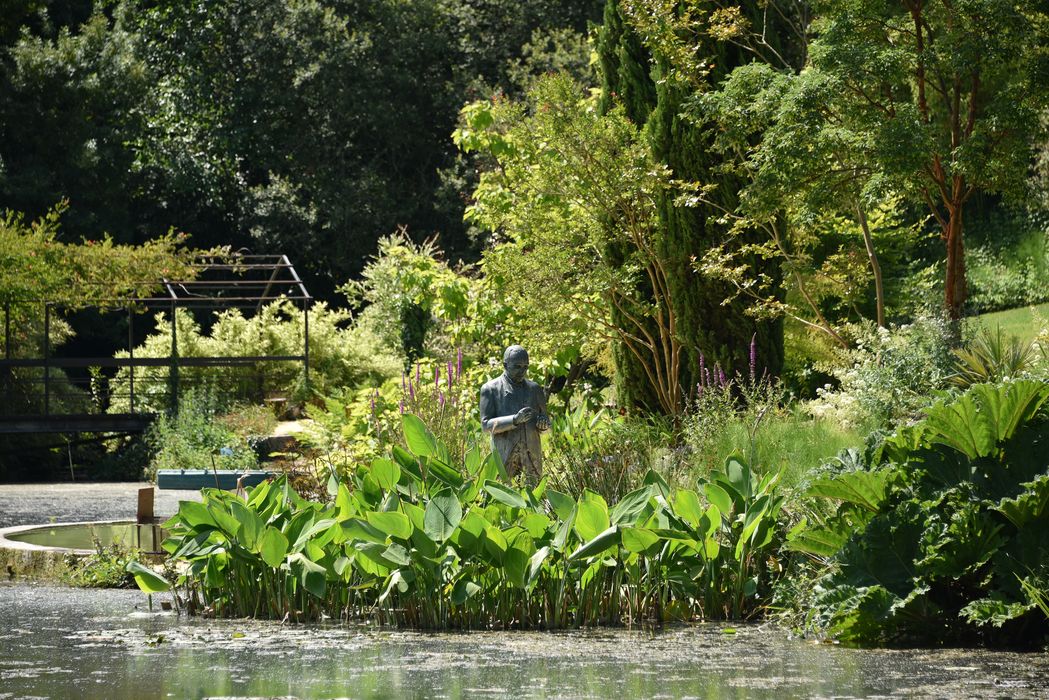 bassin, statue, plantes de berge