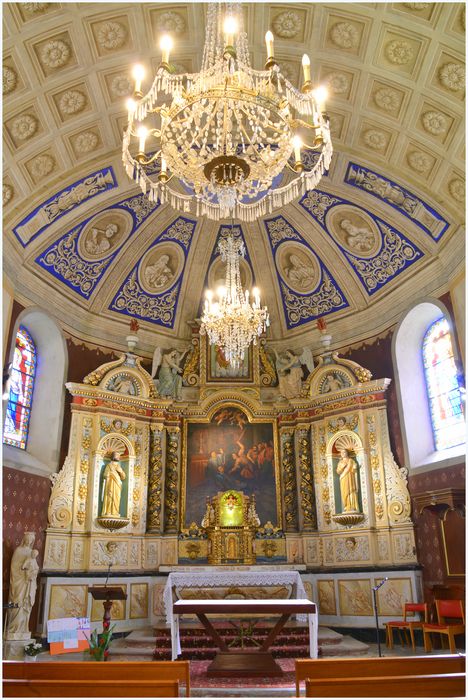 retable, tabernacle, exposition, 2 statues, tableau du maître-autel : saint Pierre, saint Jean, Meurtre de saint Thomas de Cantorbéry (le)