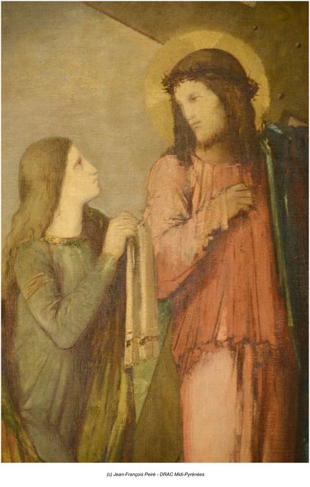 chemin de croix (tableau) : Détail de l'étape 6, Sainte Véronique essuie le visage de Jésus, détail