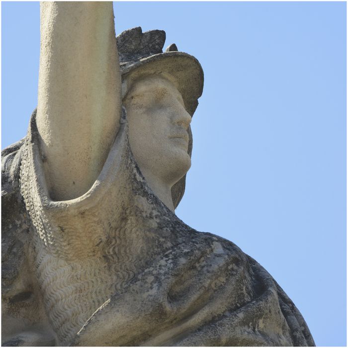 La statue. Détail de la cuirasse et du bras levant la palme.