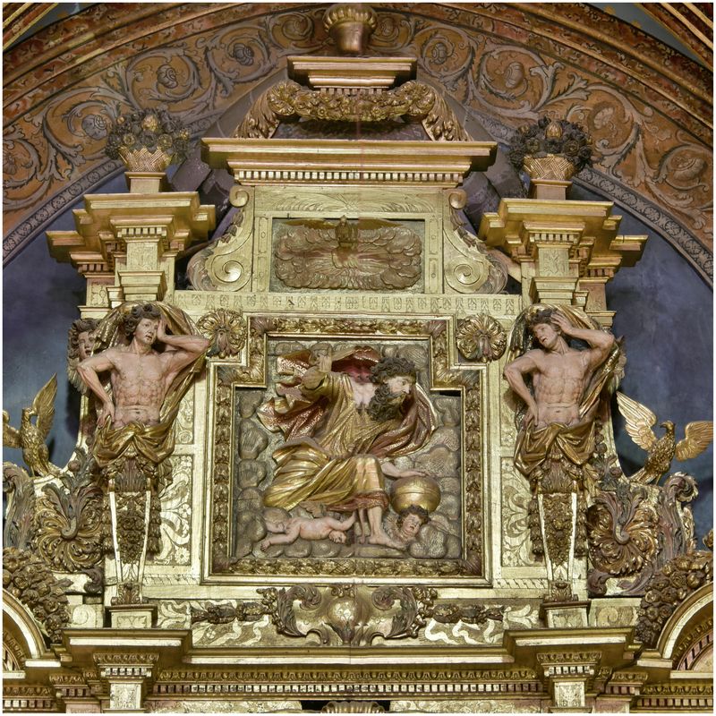 Retable de sainte Eulalie et de sainte Julie. Partie sommitale. Dieu le Père dans les nuées.