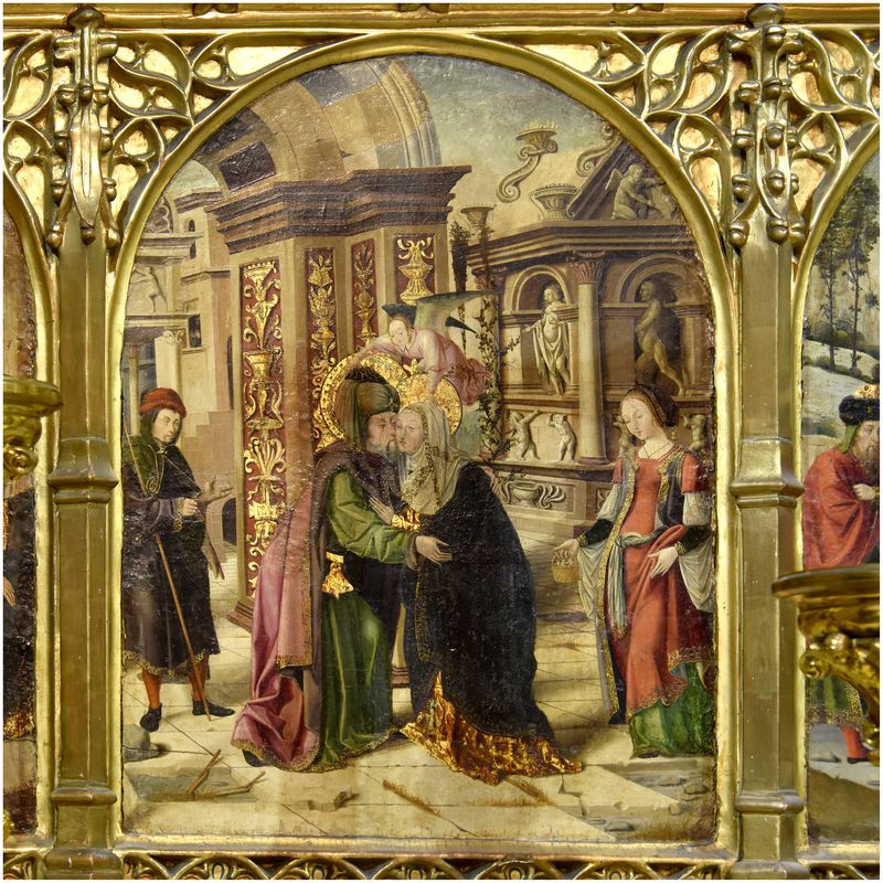 Retable de la Vierge de Mangrana. Détail. Rencontre de Joachim et Anne à la porte dorée.