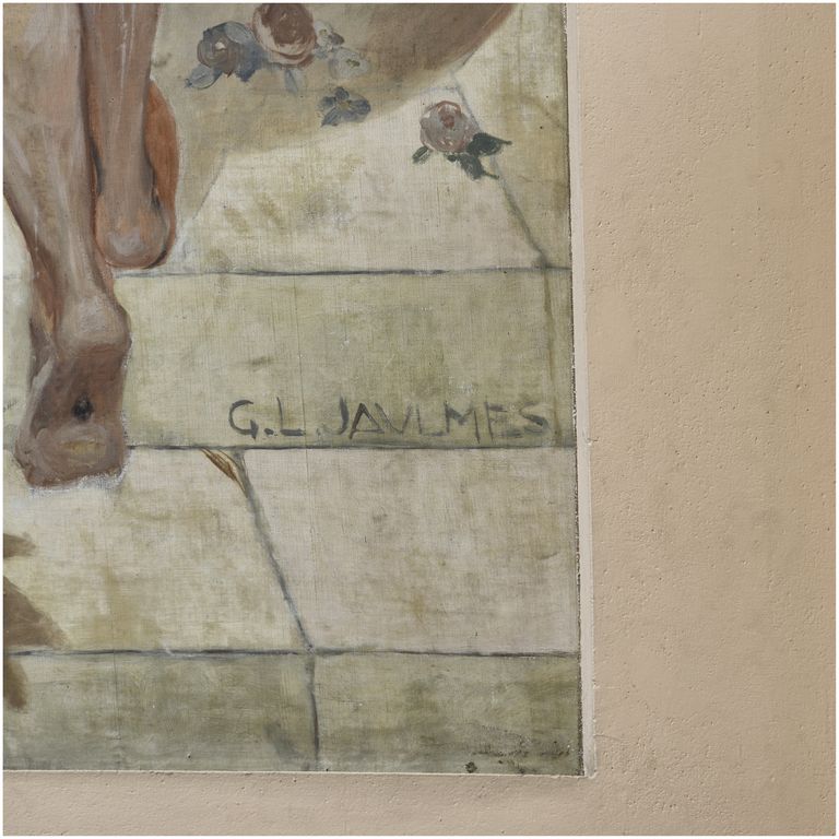 Grand escalier. Peinture de G. L. Jaulmes. Détail. Signature.