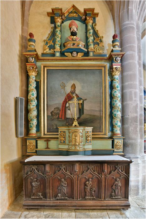 retable de Saint-Blaise, tableau : Saint Blaise, statues : Saint Jean-Baptiste et Saint Antoine, buste-reliquaire : Saint Blaise