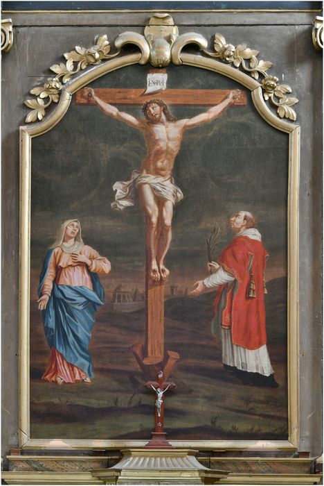 Autel (maître-autel). tableau : Christ en croix entre la Vierge et saint Vincent