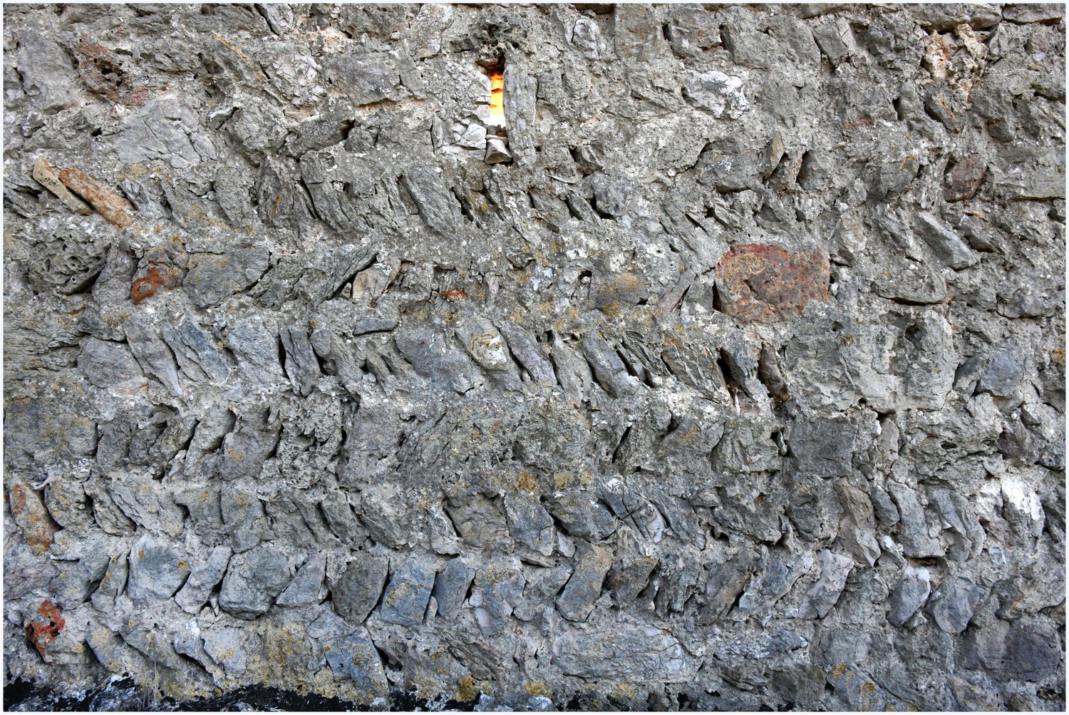 Vue de détail d’appareil en épi ou opus spicatum sur le front Nord-Ouest.