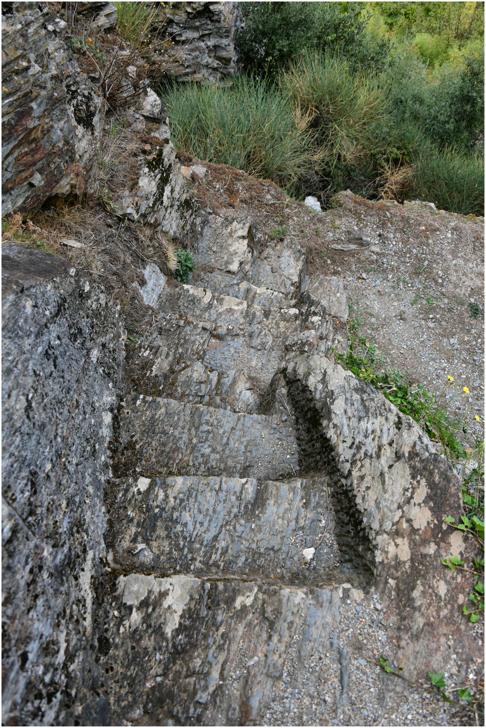 Vue de détail de l’escalier taillé dans le rocher du pôle castral primitif.