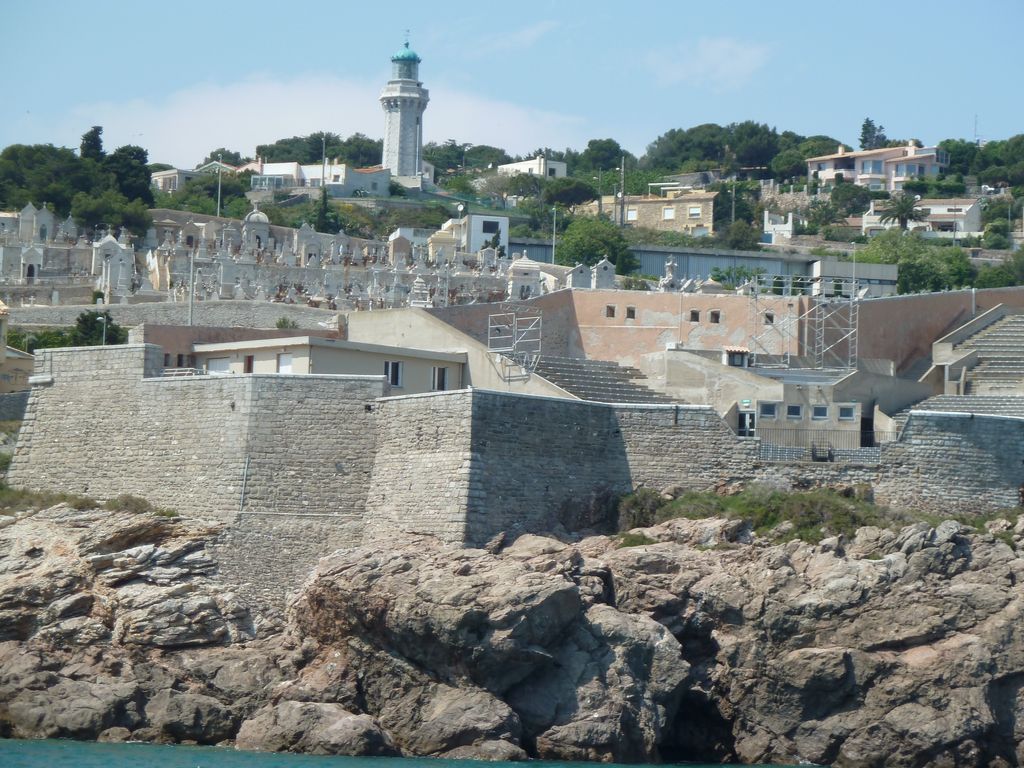 Le phare du Mont Saint-Clair, au dessus du cimetière marin et du fort Saint-Pierre (actuel théâtre de la mer).