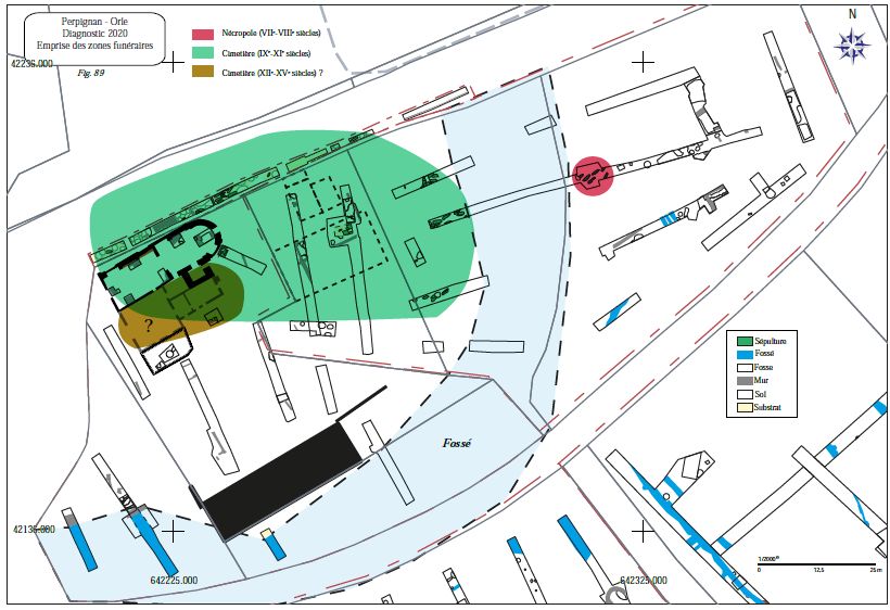 Plan du site avec emprise supposée des différentes zones funéraires. Rapport de fouilles, Olivier Passarius, 2020.