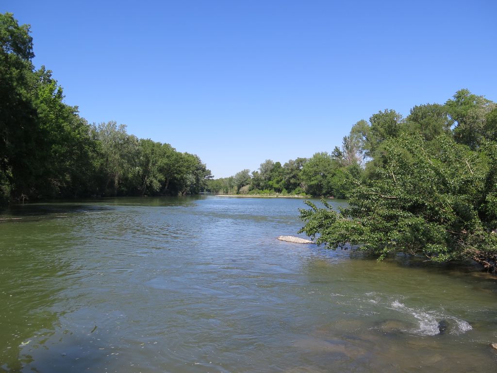 L’Aude vers l’aval, depuis la rive gauche, à hauteur du moulin de Canet.